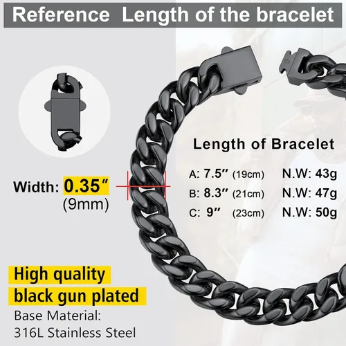 Vista 7 de ChainsProMax Pulseras de cadena cubana de acero inoxidable para hombre, 5790.472 in de ancho, 7.58.39 pulgadas de largo, negrodorado