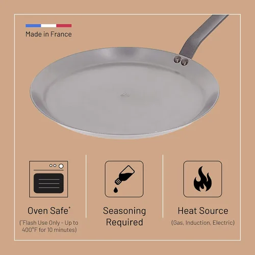 Vista 3 de De Buyer MINERAL B - Sartén de acero al carbono para crepes y tortillas, 9.5 pulgadas, ideal para hacer y recalentar crepas, tortillas y panqueques