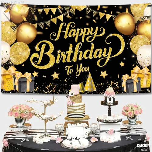 Vista 8 de KatchOn, Cartel de feliz cumpleaños negro y dorado, extragrande, 72 x 44 pulgadas, pancarta de fondo negro y dorado para decoraciones de feliz