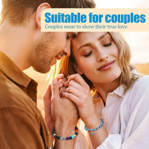 Vista 6 de 2 pulseras de mal de ojo, pulsera de mano de Fátima, pulsera de 7 chakras, pulsera elástica de cuentas contra el mal de ojo, pulsera de piedras