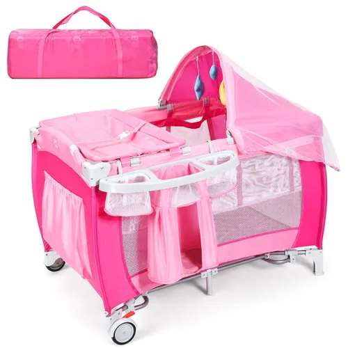 Vista 10 de HONEY JOY Empaca y juega con moisés, 4 en 1 portátil para bebé con cambiador, red y juguetes lindos, bolsa de almacenamiento de pañales, caja de Azul