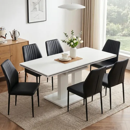 Vista 18 de HIPIHOM Mesa de comedor moderna de 46 pulgadas, mesa de cocina rectangular con acabado de roble, mesa de comedor compacta para 4, construcción