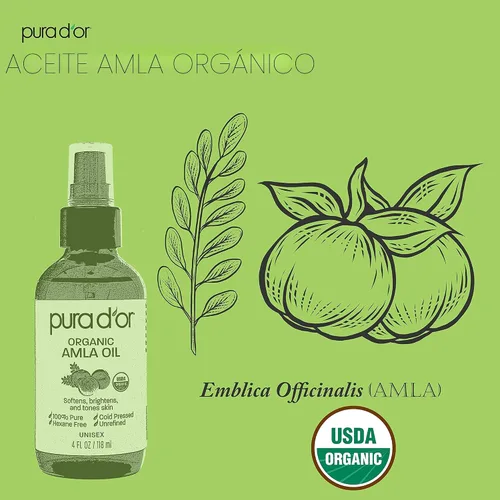 Vista 2 de PURA D'OR Aceite Amla orgánico de 4 onzas, 100% puro certificado por USDA de grado premium, prensado en frío, sin refinar, virgen extra, suero