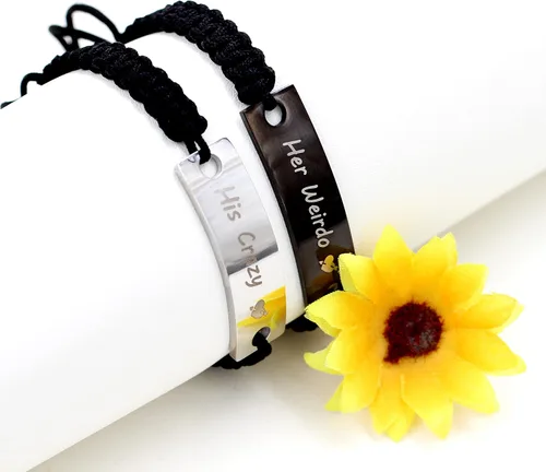 Vista 3 de 1 par de pulseras trenzadas Hademade para parejas, pulseras para hombres y mujeres grabadas con "I Love You 3000, God Gave Me You, His Crazy Her