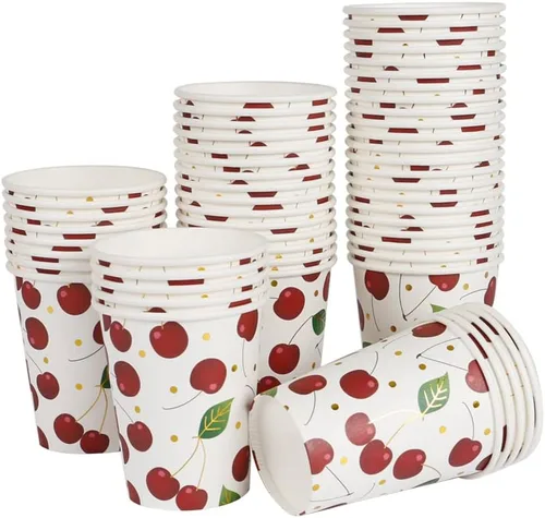 Vista 7 de Geeklife Vasos de papel de cereza dorada, 9 onzas de papel de cerezas, frutas y cerezas, desechables, vasos de papel decorativos a granel, 40
