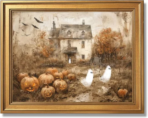 Vista 36 de Arte de pared vintage de Halloween embrujado de granja, parche de calabaza rústica con bonitos fantasmas, póster impreso en lienzo espeluznante