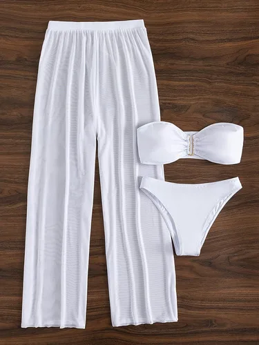 Vista 3 de MakeMeChic Traje de baño de 3 piezas para mujer, conjunto de bikini bandeau con pantalones para cubrir