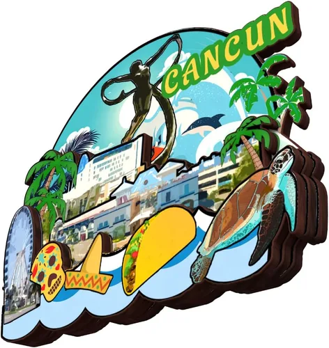 Vista 3 de Imán de nevera Cancún México Colección de madera 3D Madera Hecho a mano Recuerdos de la ciudad de viaje, imán para nevera Decoración del Hogar