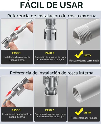 Vista 7 de Herramienta de roscado de tubería interna y externa, roscador de tubería de PVC, herramienta de roscado de tubería, matrices de 1/2'' y 3/4