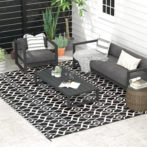 Vista 46 de Outsunny Alfombra de exterior para patio impermeable 9' x 18' rombo negro y Borde rombo negro y gris