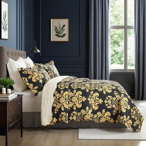 Vista 2 de Juego de edredón de 3 piezas, 100% algodón suave, diseño floral negro y amarillo, reversible, ligero, para todas las estaciones