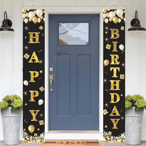Vista 7 de Cartel de feliz cumpleaños negro y dorado, cartel de feliz cumpleaños, cartel de puerta de porche, letrero colgante de pared para exteriores e