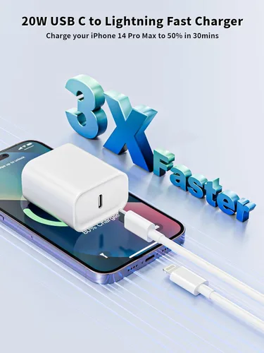 Vista 2 de Cargador rápido para iPhone, 10 pies y 20 W [certificado Apple MFi] USB tipo C, bloque de carga rápida, cargador Lightning para iPhone con cable