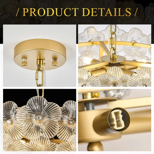 Vista 9 de Lámpara de cristal transparente de flores de 14 "4 luces de oro Dorado