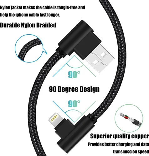 Vista 2 de Cargador para iPhone de 3 pies con certificación MFi, paquete de 3 cables Lightning trenzados de nailon de 90 grados, cable de carga en ángulo recto