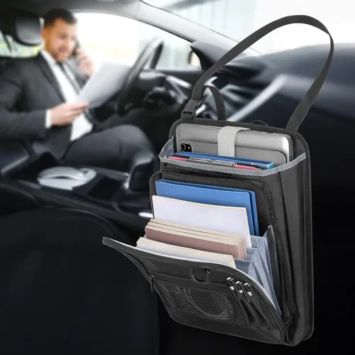 Vista 7 de LUXJA Organizador de asiento delantero de automóvil con bolsillo para archivos de acordeón, organizador de asiento de pasajero con funda para laptop