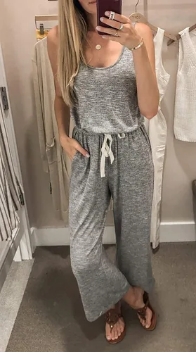 Vista 3 de Prettygarden - Mono casual para mujer sin mangas, con cuello redondo, cintura ajustable con cordón - Rómper elástico de pantalones largos