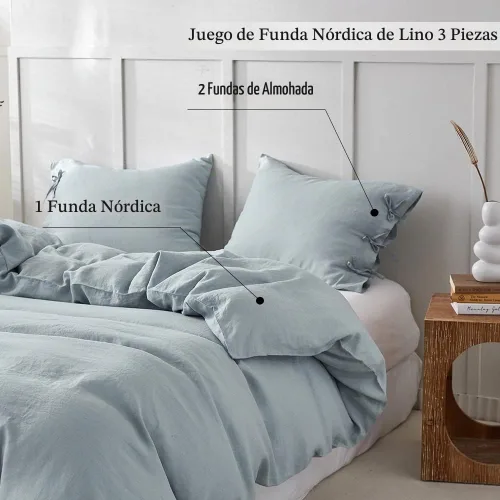 Vista 4 de Simple&Opulence - Juego de funda de edredón 100 % lino, 3 piezas con cierre de corbatines, lino francés lavado natural, color sólido, suave Azul