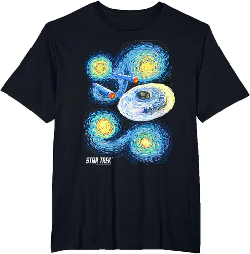 Vista 29 de Star Trek Camiseta de pintura de noche estrellada de la serie original, Negro, S