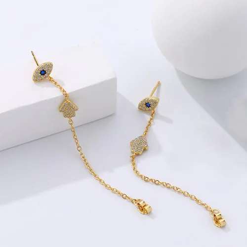 Vista 5 de Aretes colgantes con borla de palma de mal de ojo para mujeres y niñas, circonita cuíbica, hipoalergénica, cadena de borla, aretes colgantes
