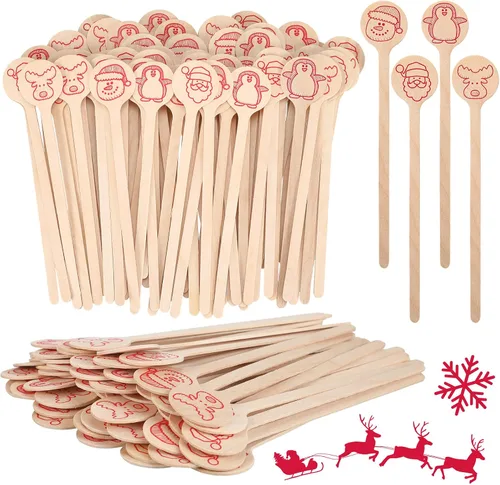 Vista 9 de 200 agitadores de café de madera de 6 pulgadas, desechables, para Navidad, cócteles, bebidas, palitos de Navidad de extremo redondo para leche