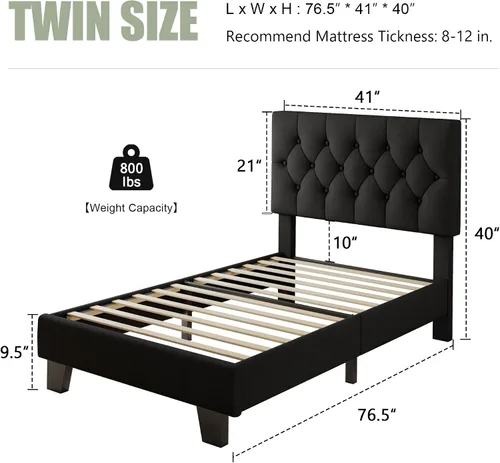 Vista 2 de Feonase Marco de cama de plataforma twin con cabecera capitoné con botones, cama tapizada de lino con soporte de listones de madera, no necesita