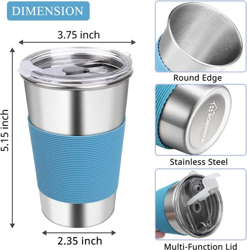 Vista 2 de Vaso de agua con tapas, paquete de 6 vasos de acero inoxidable a prueba de derrames, reutilizable, apilable, de 16 onzas, con tapas, para niños