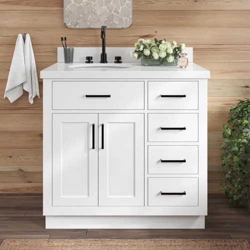 Vista 34 de ARIEL Hepburn - Tocador de baño de 30 pulgadas con fregadero, madera maciza, encimera y protector contra salpicaduras de cuarzo blanco puro de 1.5