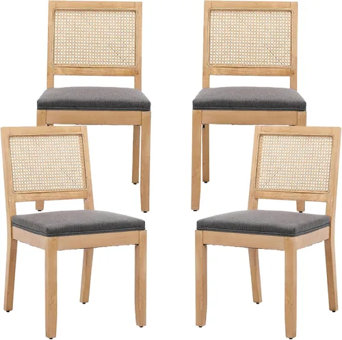 Vista 17 de ODUSE-DAILY Juego de 2 sillas de comedor French Country color beige, sillas de comedor de madera bohemia con respaldo tejido y asiento tapizado