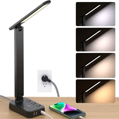 Vista 10 de Addtam Lámpara LED de escritorio, tira de alimentación con 3 tomas, 4 puertos de carga USB (2 USBC), 4 modos, lámpara táctil de 5 niveles de brillo