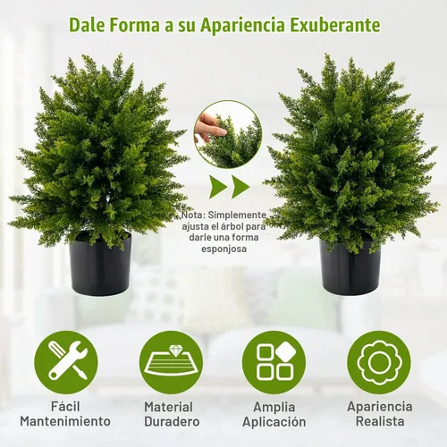 Vista 5 de Goplus Árbol de bola de cedro artificial de 21.5 pulgadas, juego de 2 plantas artificiales en maceta, arbustos artificiales con maceta de cemento