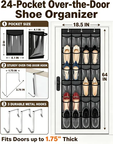 Vista 2 de Organizador de Zapatos Sobre la Puerta - Zapatero que Ahorra Espacio para Puerta de Closet con 24 Bolsillos y Gancho, Soporte para Zapatos