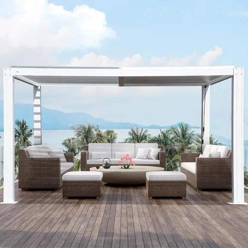 Vista 16 de Domi - Pérgola de aluminio para exteriores de 10 x 10 pulgadas con cortinas y malla Marrón oscuro
