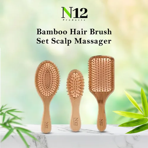 Vista 6 de N12 - Juego de 3 cepillos de madera de bambú para mujeres, hombres y niños, peine antiestático para masaje del cuero cabelludo, desenredante