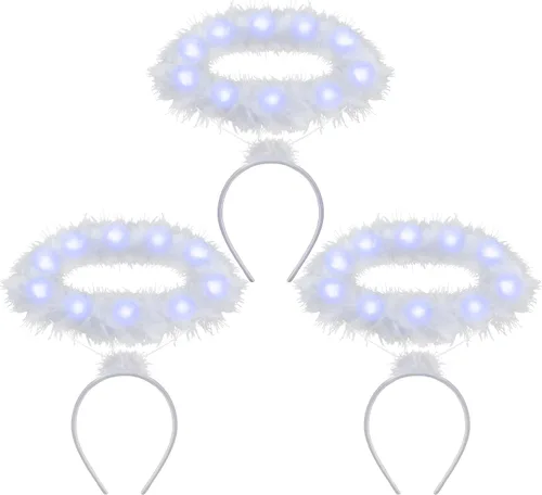 Vista 7 de Spooktacular Creations Paquete de 3 diademas iluminadas con halo de ángel LED, color negro y blanco, accesorio de Halloween para fiesta