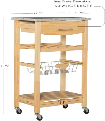 Vista 4 de Linon Isla de cocina con tapa de granito natural Mila con cesta de almacenamiento y ruedas