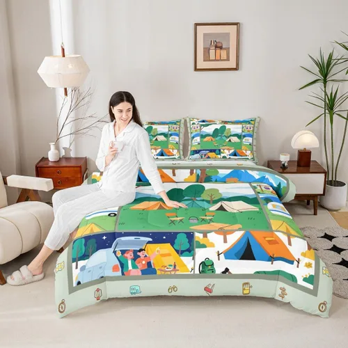 Vista 20 de Juego de ropa de cama con temática de cámper, juego de edredón de cabaña de madera marrón y verde, tamaño matrimonial, 3 piezas, decoración de Multi