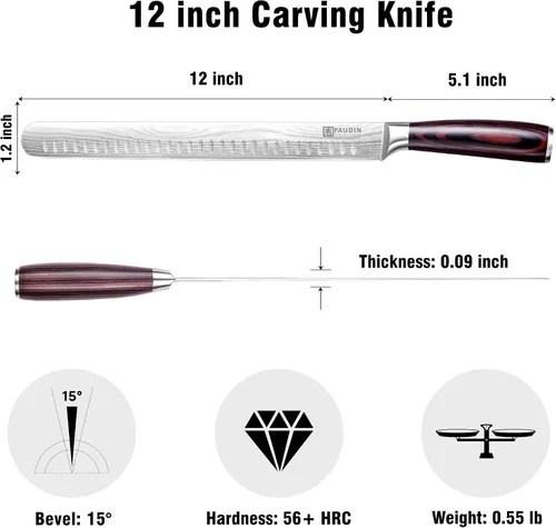 Vista 5 de PAUDIN Cuchillo para Brisket, Cuchillo de Trinchar de 12 Pulgadas de Acero Inoxidable Cuchillo para Rebanar Brisket con Borde Granton para Cortar