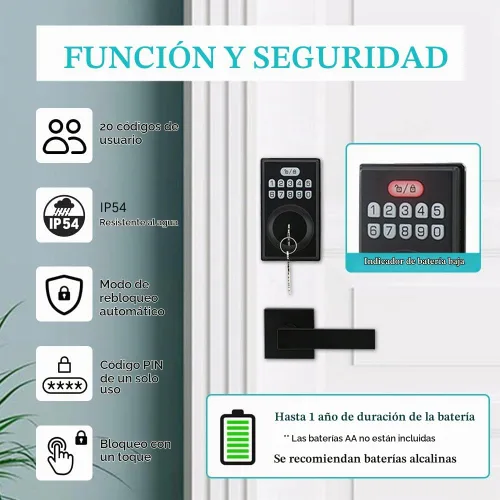 Vista 2 de Cerradura de puerta de entrada sin llave con 2 asas, juego de cerrojo electrónico para puerta delantera, bloqueo automático, contraseña antimiradas