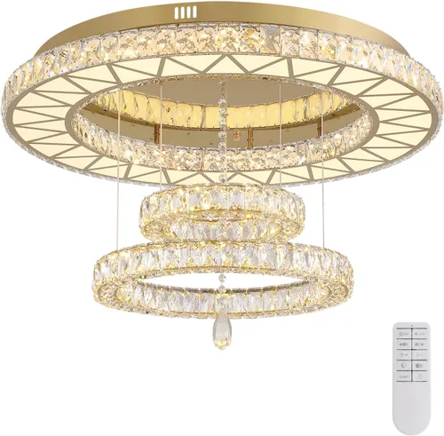 Vista 8 de Siljoy Candelabros de cristal dorado de 32 pulgadas, 3 anillos LED de montaje empotrado, lámparas de techo regulables para sala de estar, comedor