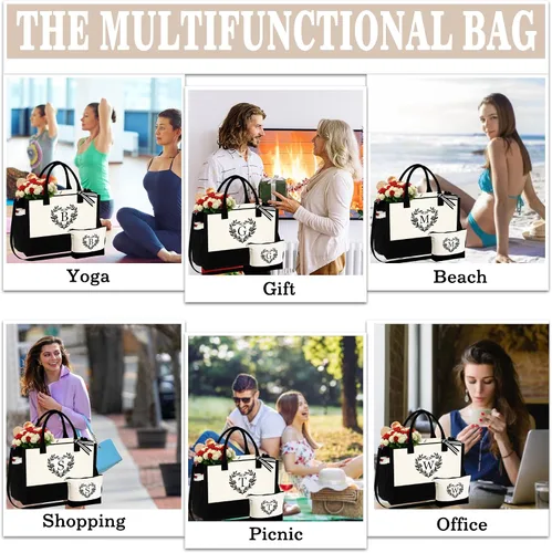 Vista 6 de YOOLIFE Regalos para mujeres – Bolsa de playa con monograma inicial con bolsa de maquillaje, día de la madre, regalos de cumpleaños para mujeres
