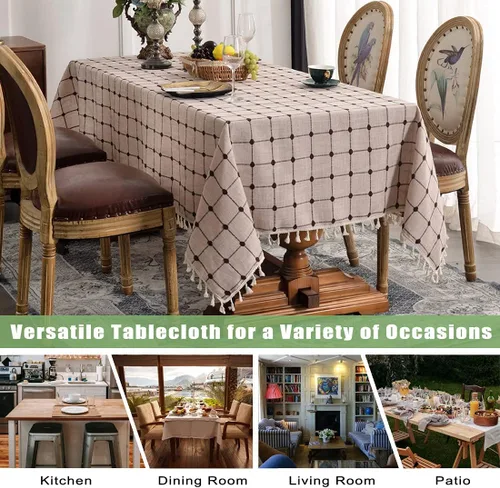 Vista 3 de Mantel bordado de lino de algodón rectangular con borla, a prueba de derrames, a prueba de polvo, mantel decorativo lavable para cocina, comedor