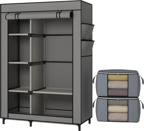 Vista 10 de Calmootey Armario portátil, armario con 6 estantes y barra para colgar, organizador de almacenamiento para dormitorio, funda de tela no tejida con 4
