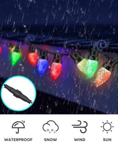 Vista 7 de Luces de Navidad dinámicas C9 para exteriores, 33 pies, 50 LED inteligentes RGB, control remoto por aplicación, conectable, impermeable, música