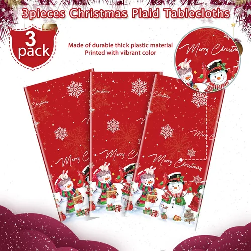 Vista 4 de FunnyPars 3 piezas manteles de muñeco de nieve navideños de plástico, cubierta de mesa de invierno con copos de nieve y árbol de Navidad