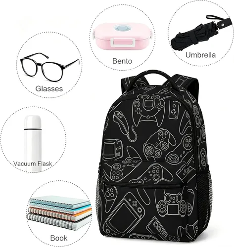 Vista 3 de Fiokroo Controlador de videojuegos con fondo negro, mochila escolar para estudiantes, adolescentes, hombres, mujeres, gadgets de juegos, mochilas