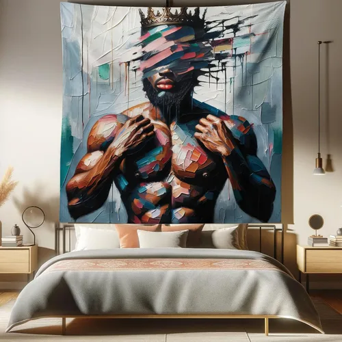 Vista 272 de Ambesonne Tapiz de arte afro, hombre negro fuerte con una corona de trazos impresión de pintura moderna, decoración de tela para colgar en la pared