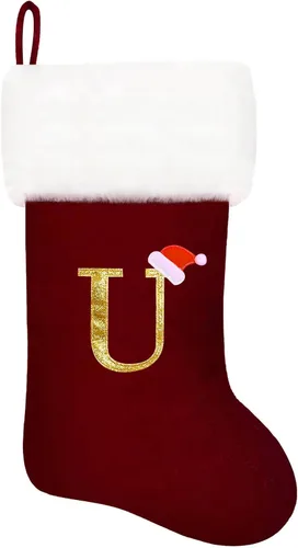 Vista 18 de Calcetines de Navidad bordados de 20 pulgadas con monograma, terciopelo negro con puño de felpa blanca supersuave, adornos clásicos para decoración