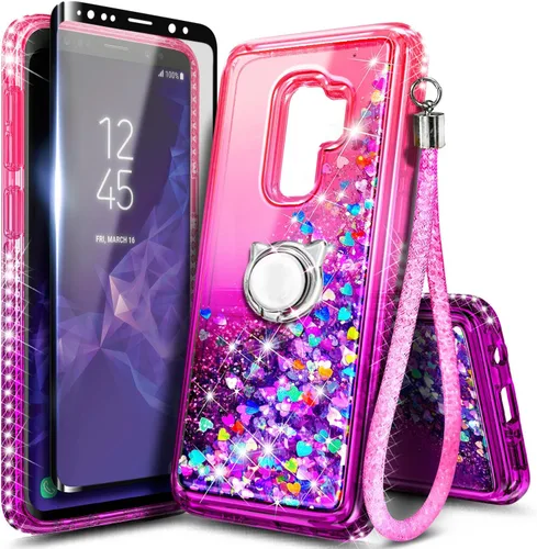 Vista 66 de NGB - Funda para teléfono Samsung Galaxy S9, color aguamarina/morado, bonita funda con purpurina líquida para mujeres y niñas, con protector