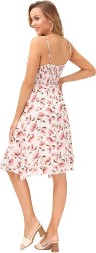 Vista 4 de GRACE KARIN Vestido floral con tirantes delgados para mujer, dobladillo con volantes, plisado, casual, vestido de verano, bohemio, vestido de playa